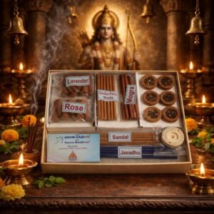 Incense gift box hamper with lavender, rose, mogra, sandal and javadu agarbatti, dhoop cones and sticks placed in front of Hindu god for pooja
